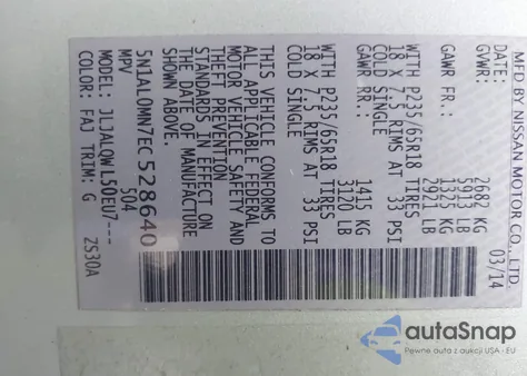 2014 Infiniti Qx60 z USA, uszkodzony, nr VIN 5N1AL0MN7EC528640